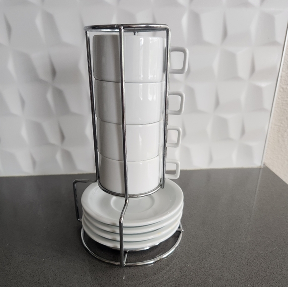 White Ceramic Espresso Cup And Saucer Set with Stand - Picture 2 of 2